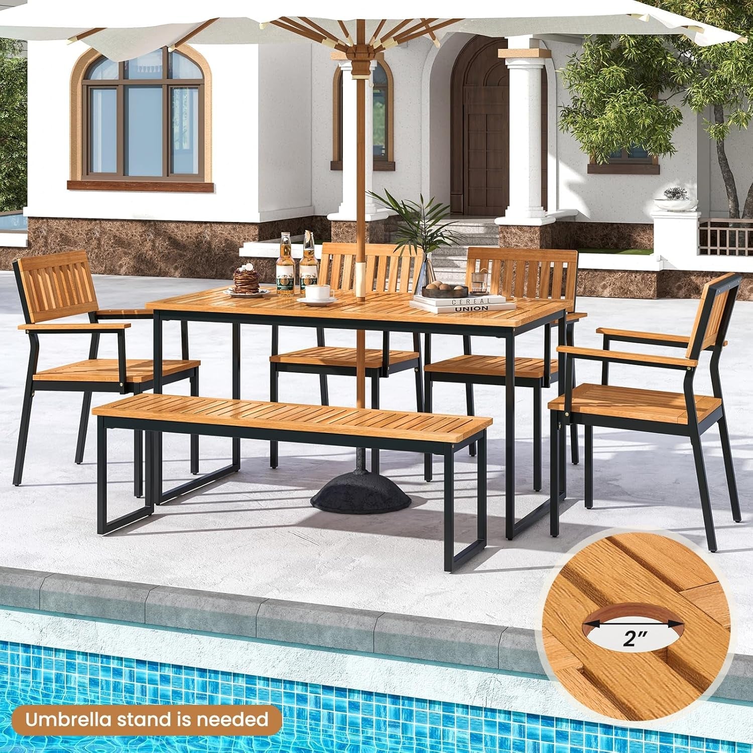 6 Pieces Outdoor Acacia Wood Dining Set, Patio Table and Chairs Set with Bench for 6-7 People, Outdoor Dining Furniture Set with 2" Umbrella Hole for Garden, Backyard and Poolside-1