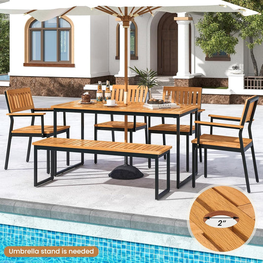 6 Pieces Outdoor Acacia Wood Dining Set, Patio Table and Chairs Set with Bench for 6-7 People, Outdoor Dining Furniture Set with 2" Umbrella Hole for Garden, Backyard and Poolside-1