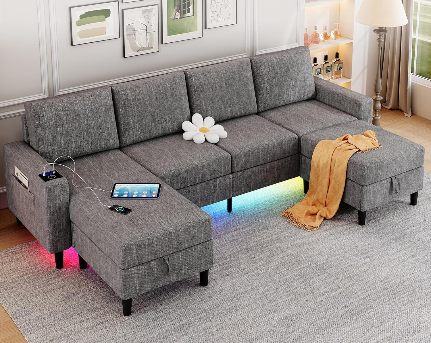 Sectional Couches for Living Room, 4 Seat Linen Sectional Sofa with Reversible Chaise Lounge/Storage Ottoman, U Shaped Couch with Smart Module-Wireless Charging/Usb/Type-C/Rgb Light (Light Grey)-0