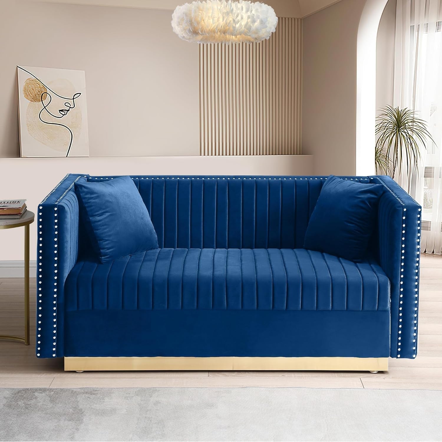 Luxury Velvet Sofa Set for Living Room, Modern Decor Furniture Channel Sofa Couch and Loveseat with Nailhead Gold Metal Legs and 4 Pillows for Bedroom, Hall, Blue-3