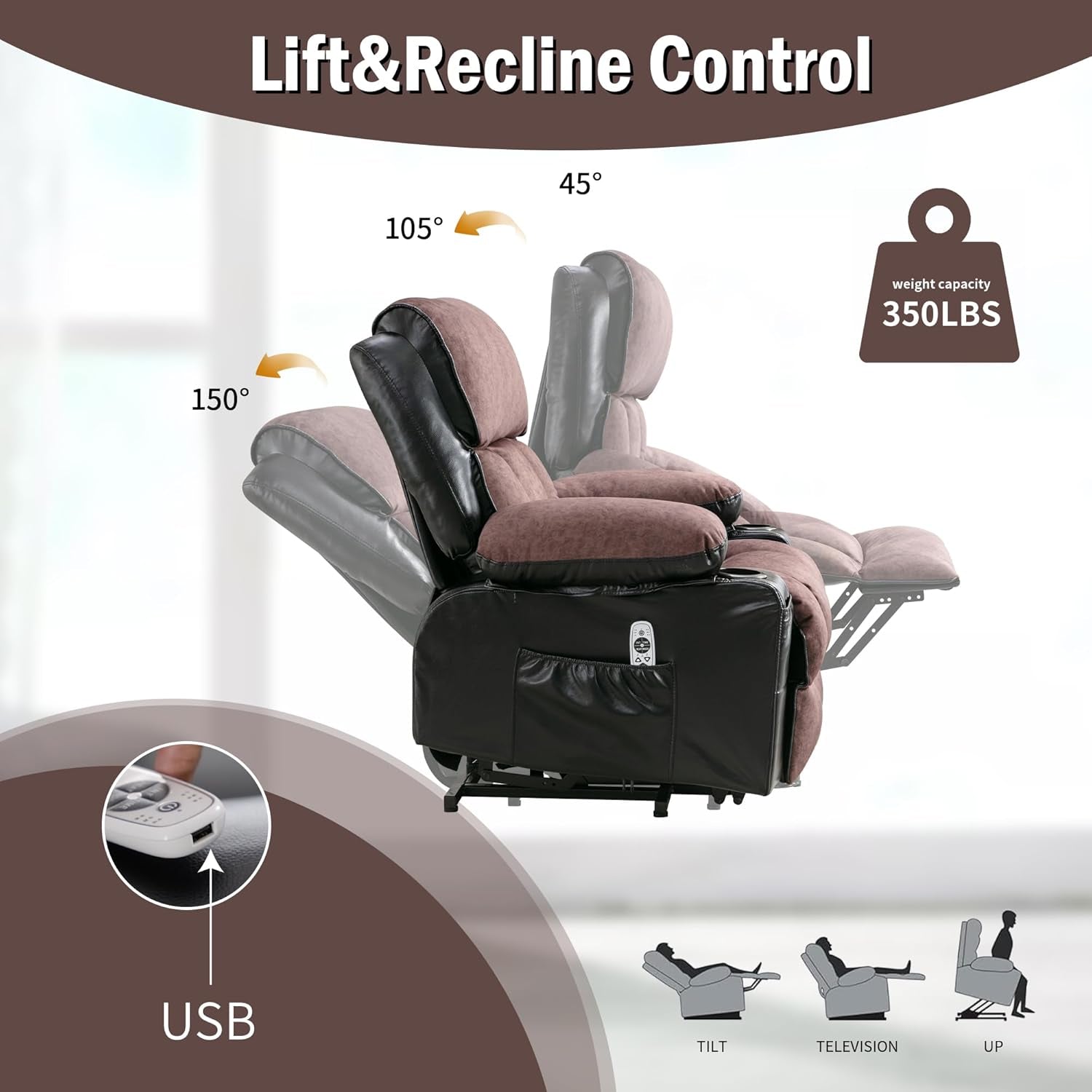 XL23 Power Lift Recliner with Massage & Heat - Large Electric Chair for Elderly with USB Port, Cup Holders, Side Pockets - Living Room Bedroom Sofa(Black and Brown)-3