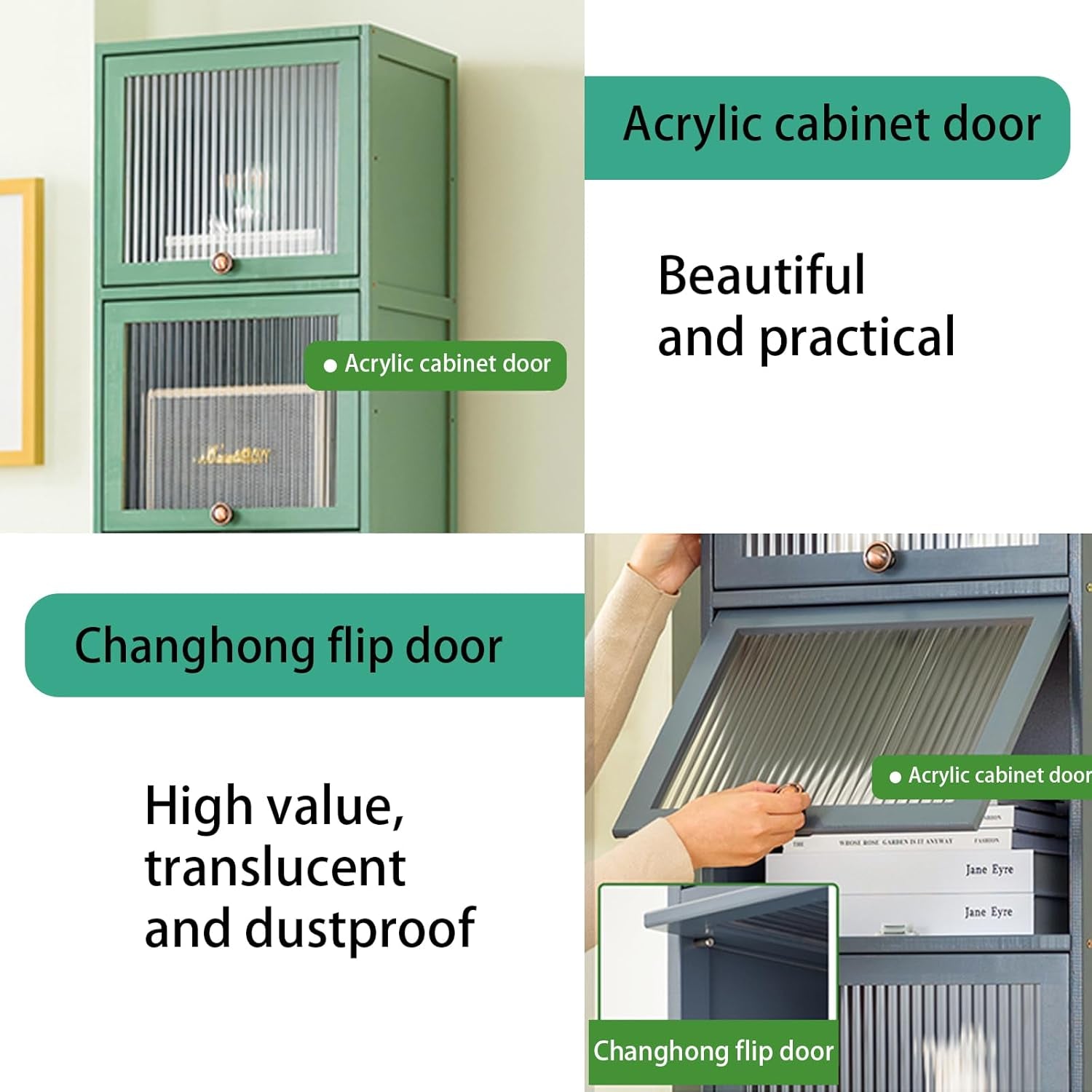 Bookcase with Clear Doors, 4-Tier Tall Bookshelf with Storage Cabinet, Bamboo Book Shelf and 4 Cube Organizer Book Case for Living Room, Freestanding Storage Cabinet (4-Tier Green)-2