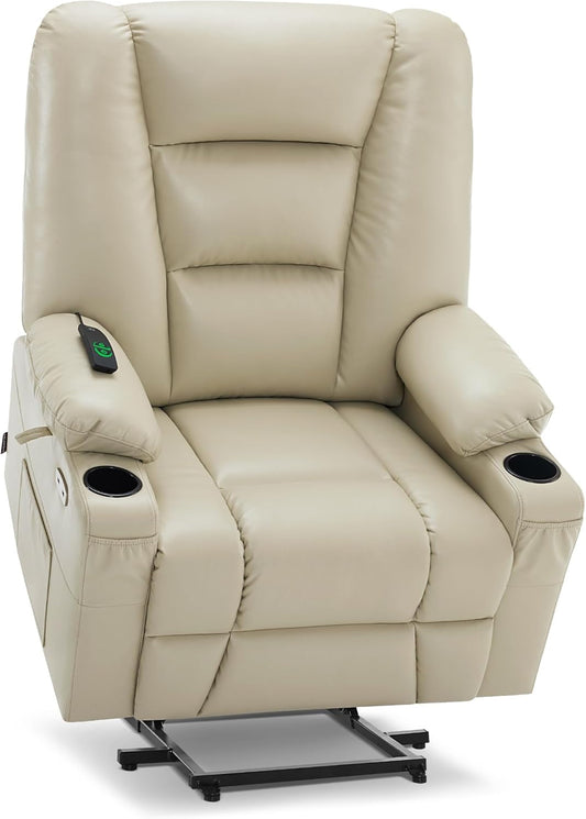 Large Power Lift Recliner Chair with Massage and Heat for Big and Tall Elderly People, Cup Holders, USB Ports, Side Pockets, Faux Leather R7541 (Beige, Large-Wide)-0