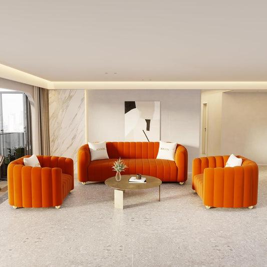 KEAI Velvet Tufted Sofa Set for Living Room, Modern Design Couch Set with Gold Metal Ball Legs, Lovely Upholstered Sherpa Furniture Set for Office (Orange, 1+1+3 Set)-0