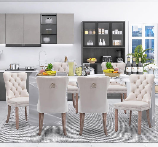 Velvet Dining Chairs Set of 6, Tall Back Side Chair, Modern Upholstered High-End Tufted Side Chair with Button Back Ring, Solid Wood Legs (Beige)-0