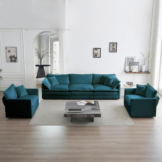 Luxury 3 Piece Sofa Set, 2 Pieces of Single Sofa and 1 Piece of 3 Seater Sofa, Modern Chenille Comfy Cloud Couches Set with 7 Pillows for Living Room Office, Blue-0