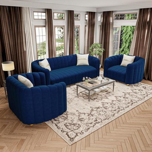 KEAI Blue Velvet Tufted Sofa Set for Living Room, 3 Piece Modern Design Couch Set with Gold Metal Ball Legs, Lovely Upholstered Sherpa Furniture Set for Office (Blue, 1+1+3 Set)-1