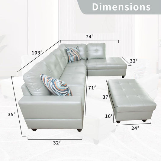 L-Shaped 3-Piece Semi PU Synthetic Leather Sofa with Storage Ottoman Set, Sectional Couch Sofa Set for Living Room, Office, Small Space, Silver Green-1