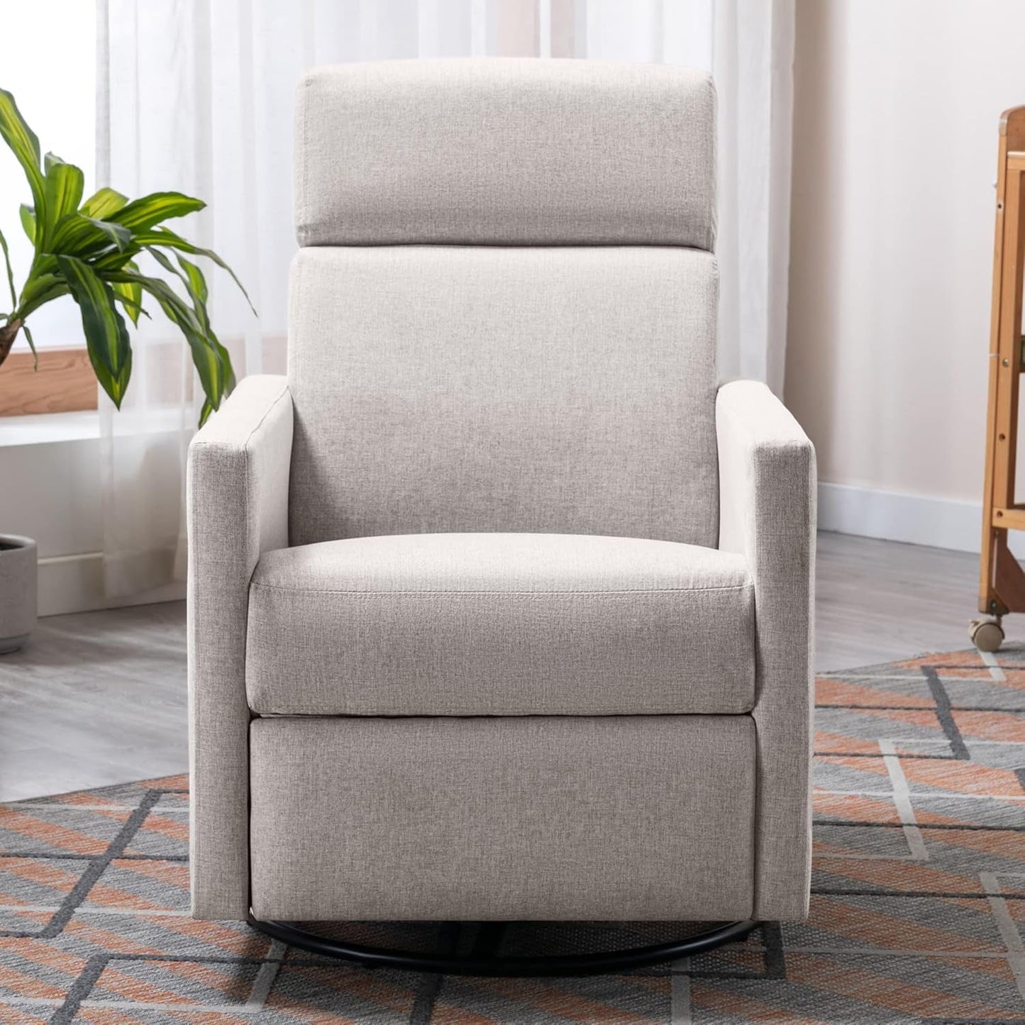 Modern Modern Soft Linen Swivel Push Back Rocker Recliner W/Headsupport Adjustable Nursery Glider Chair for Living Room, Bedroom Tan-1