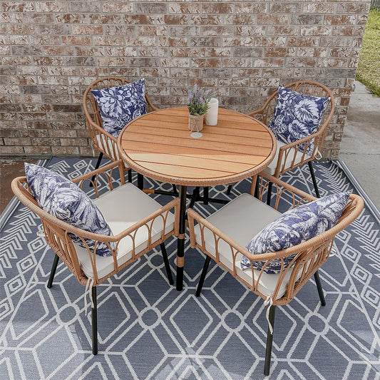 5 Pieces Outdoor Patio Dining Table Chair Set,Wicker Patio Dining Set,Outdoor Rattan Dining Table Set for Patio, Backyard, Balcony, Garden (With Umbrella Hole), Beige-0
