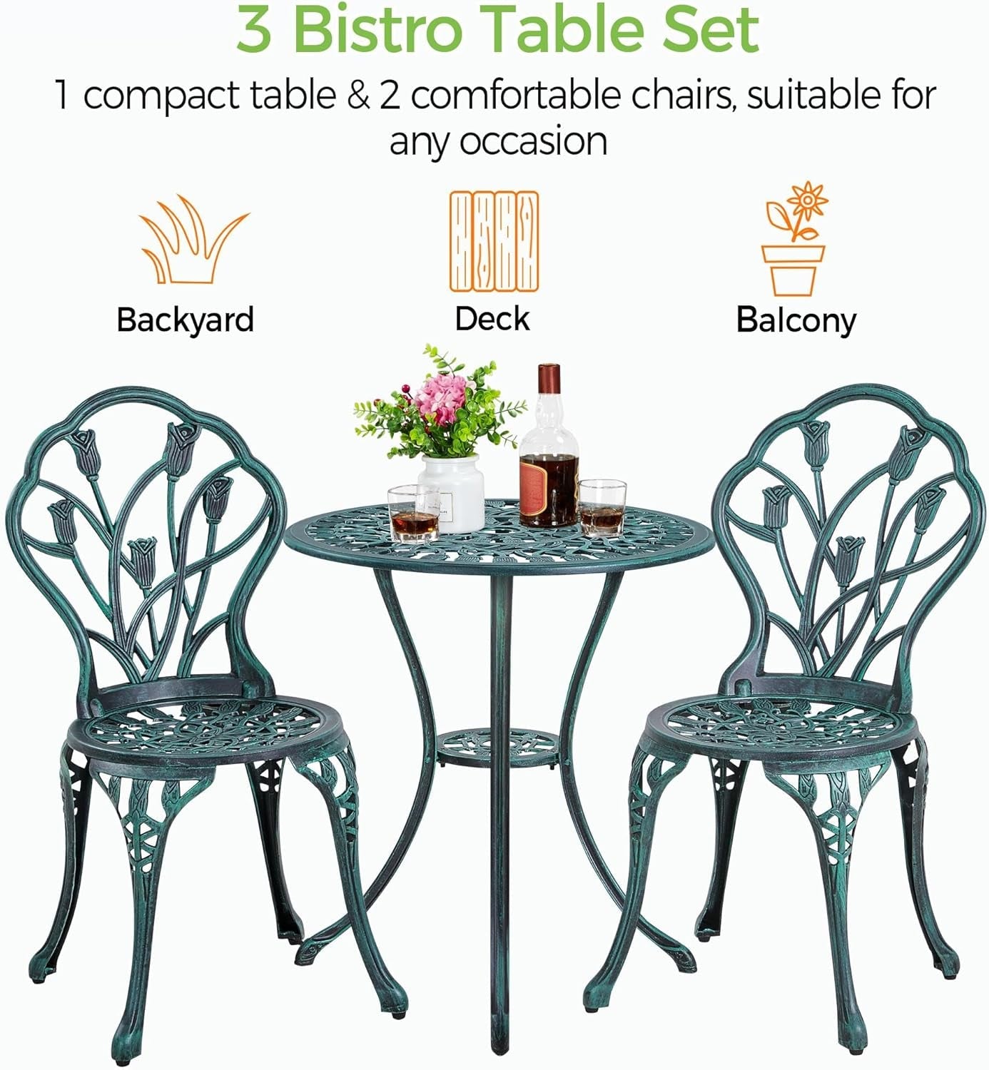 Patio Bistro Sets 3 Piece Cast Aluminum Bistro Table and Chairs Set, Cast Aluminum Bistro Table and Chairs Set of 2 with Umbrella Hole for Patio Backyard Balcony, Green-2