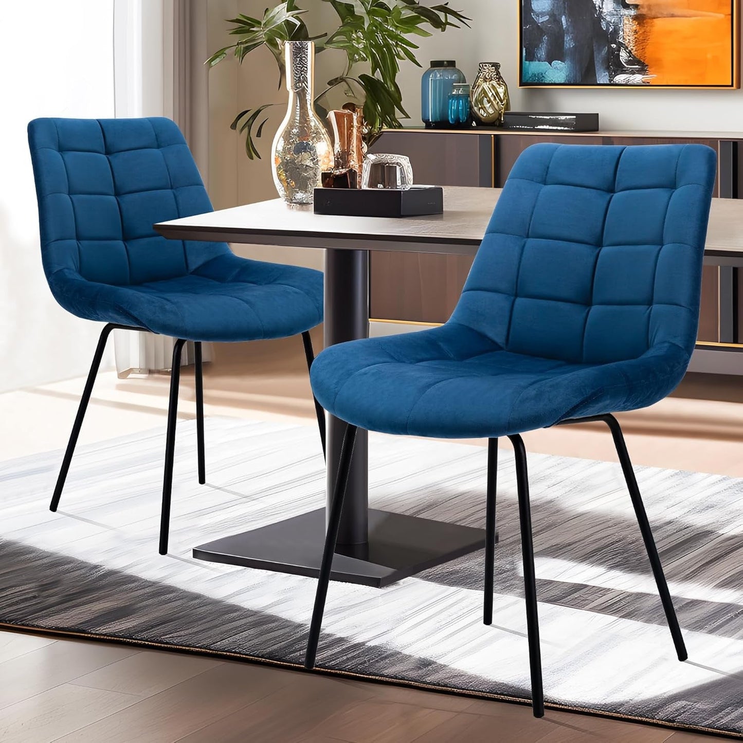 Velvet Dining Chairs, Upholstered Reception Chairs, Tufted Accent Chair with Metal Legs for Home Kitchen, Living Room, Set of 2, Blue-0