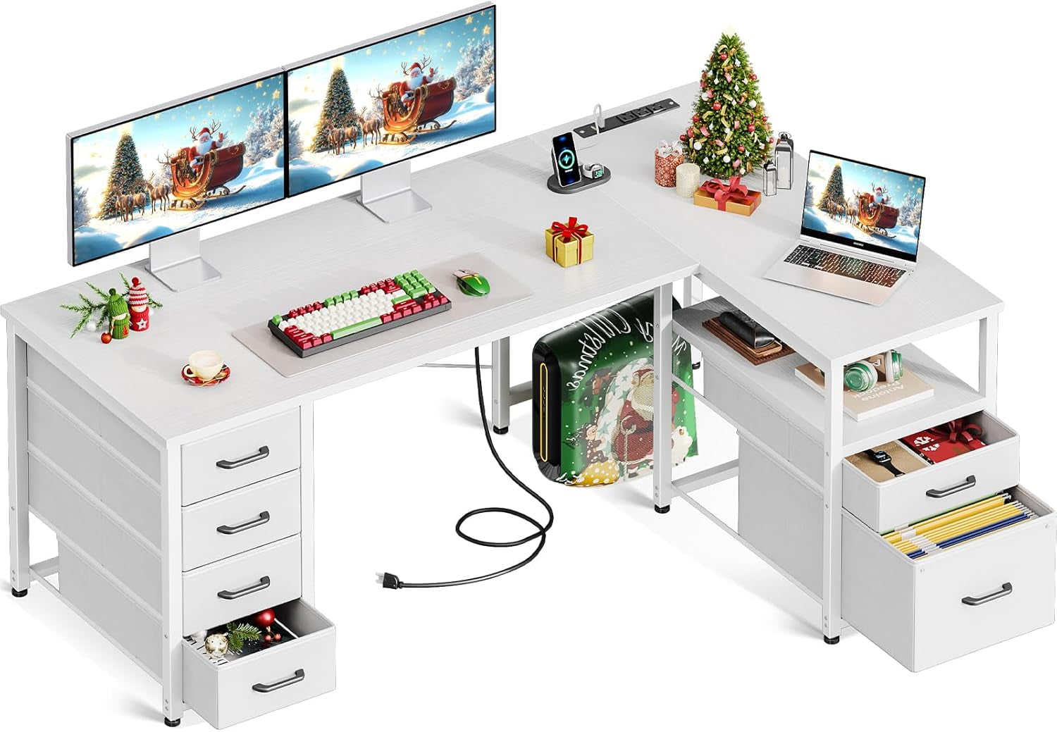 L Shaped Computer Desk with 6 Drawers & Power Outlet, 55 Inch Corner Desk with Reversible Storage Shelf & File Drawer, Home Office Desk, White-0