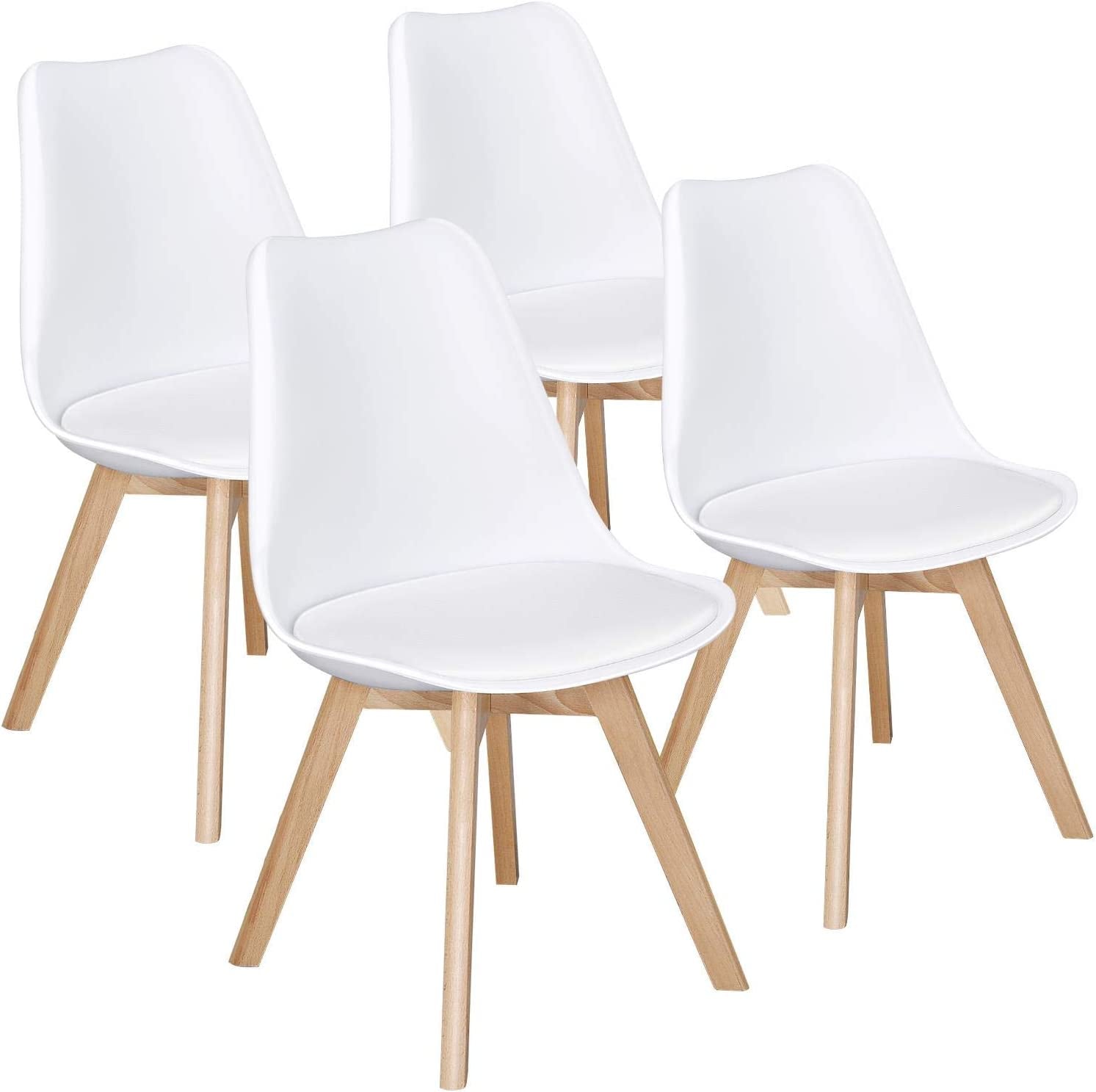 Set of 4 White DSW Accent Shell Chairs, Beech Wood Legs, Mid Century Modern Eiffel Inspired, PU Upholstered-0