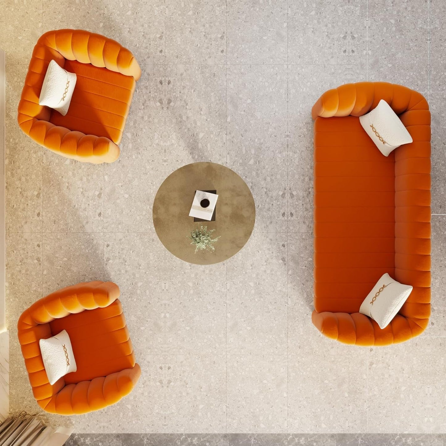 KEAI Velvet Tufted Sofa Set for Living Room, Modern Design Couch Set with Gold Metal Ball Legs, Lovely Upholstered Sherpa Furniture Set for Office (Orange, 1+1+3 Set)-3