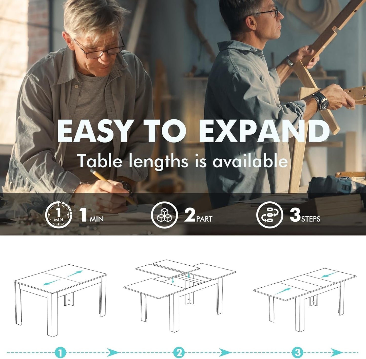 Extendable Dining Room Table for 6-10 Person, Plank and Beam Farmhouse Large Rectangular Kitchen Tables for Living Meeting Room, Oak-4