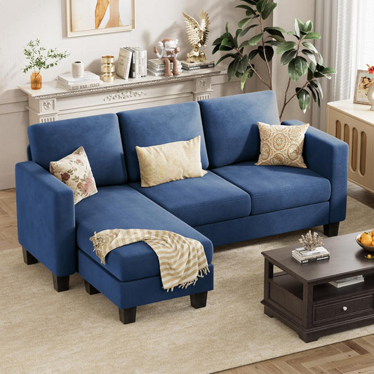 Convertible Sectional Sofa Couch, 3 Seat L-Shaped Sofa with Linen Fabric Ottoman Small Couch for Small Apartments, Living Room and Office (Linen Fabric, Blue)-0