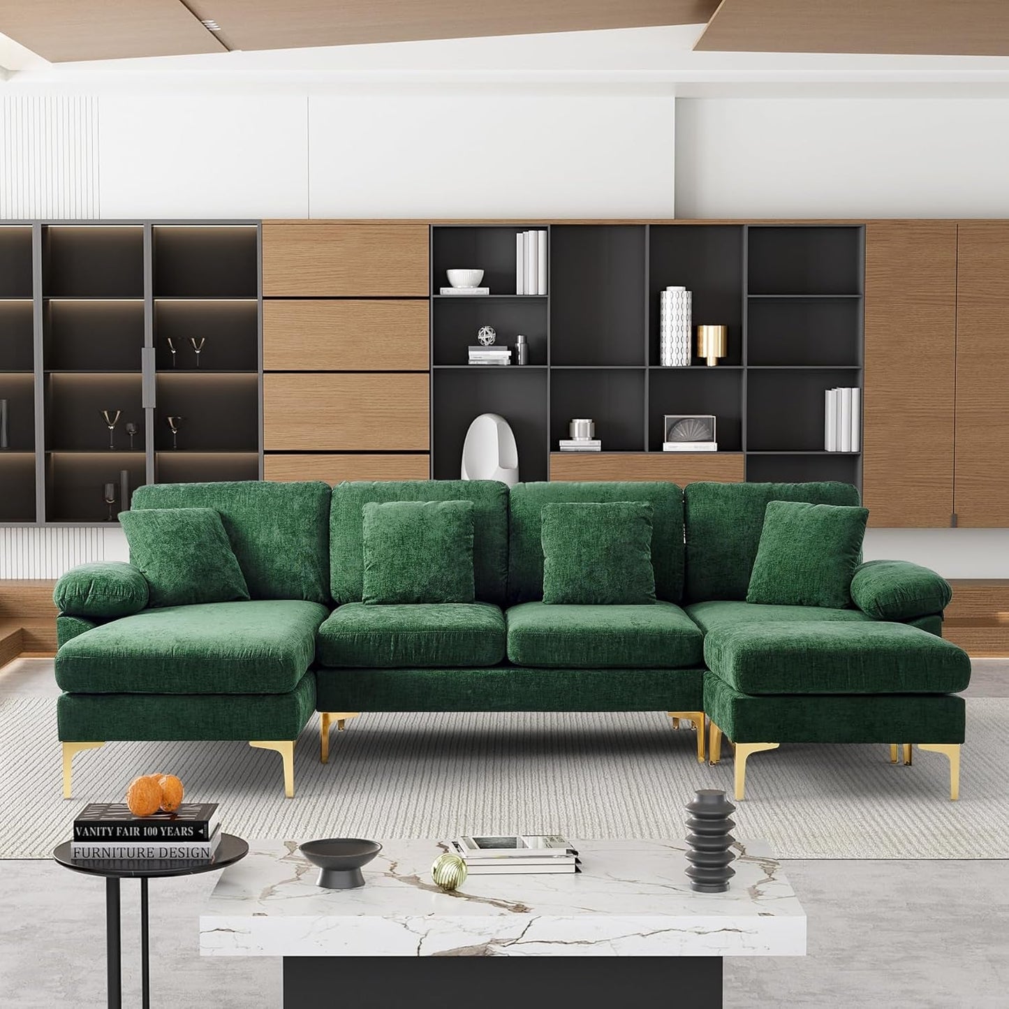 U-Shaped Sectional Sofa Couch, 4 Seat Chenille Sofa Set for Living Room, Convertible L-Shaped Couch Set with Ottoman, Chaise Lounge and 4 Pillows,114 Inches, Dark Green-2