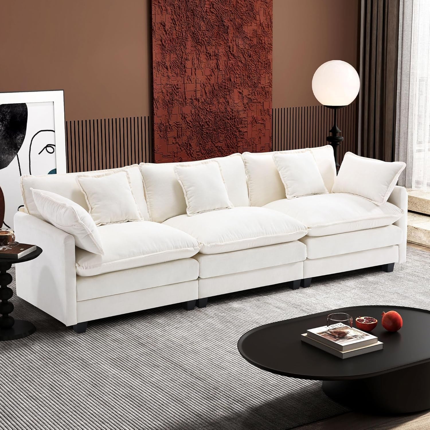 111.4 Inch 3-Seater Cloud Sofa, Modular Sectional Couch, Modern Deep Seat Sofa for Living Room, Comfy Double Layer Upholstered Seat Cushion, Breathable Chenille Fabric, Beige-0