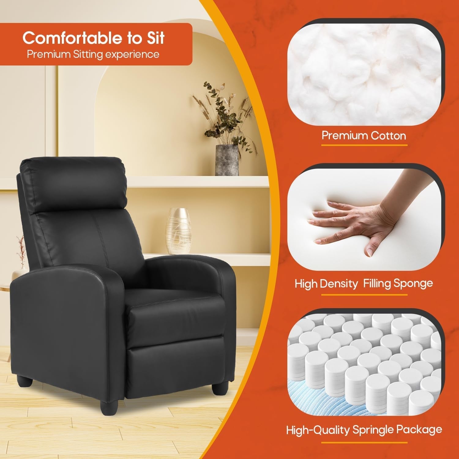 Recliner Chair PU Leather Recliner Sofa Home Theater Seating with Lumbar Support Overstuffed High-Density Sponge Push Back Recliners Armchair for Living Room,Black-3