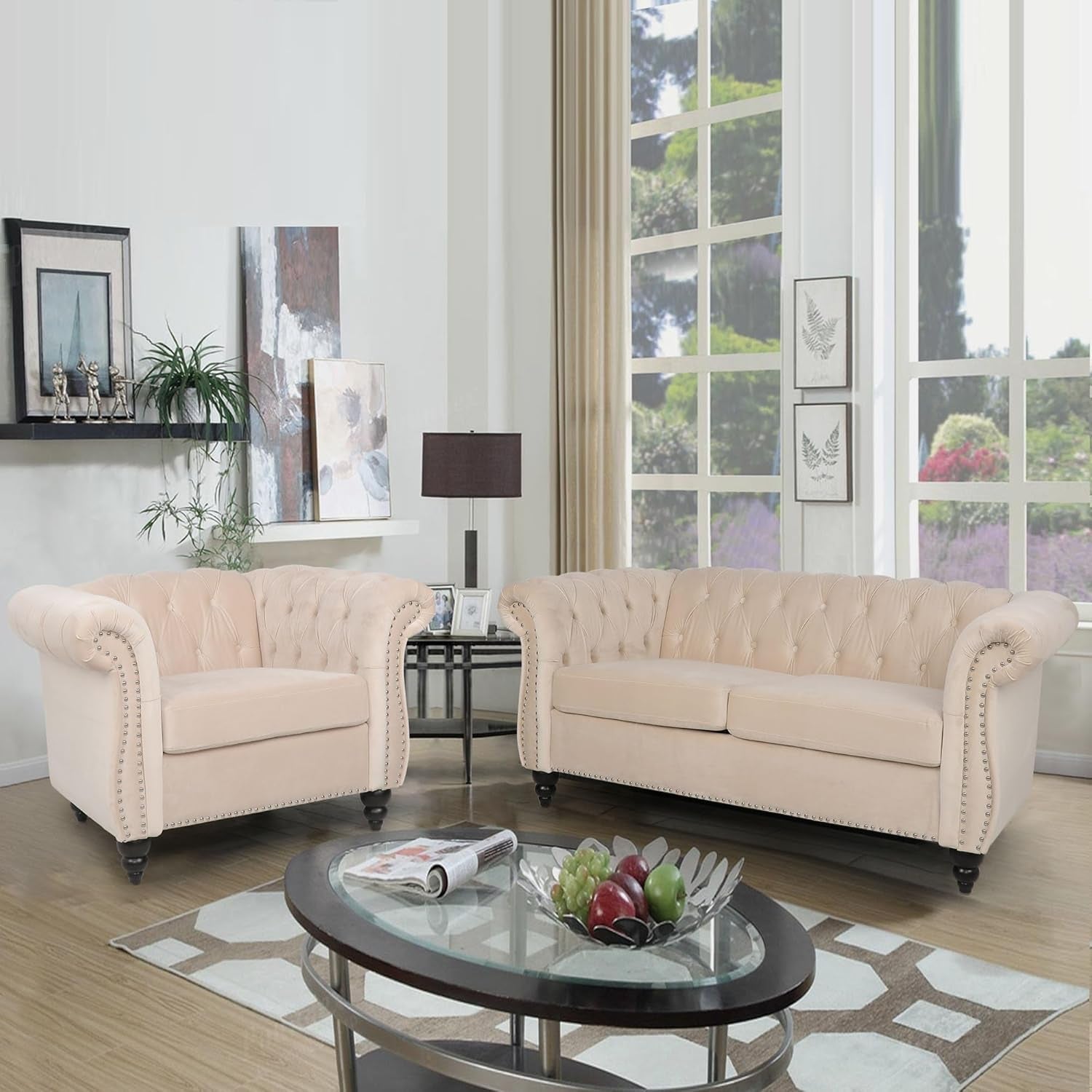 3 Pieces of Living Room Furniture Sofa Sets, Modern Velvet Chesterfield Sofa&Chesterfield Club Chair&Chesterfield Loveseat Sofas Set with Nailhead Trims Scroll Arms for Living Room (Beige)-2