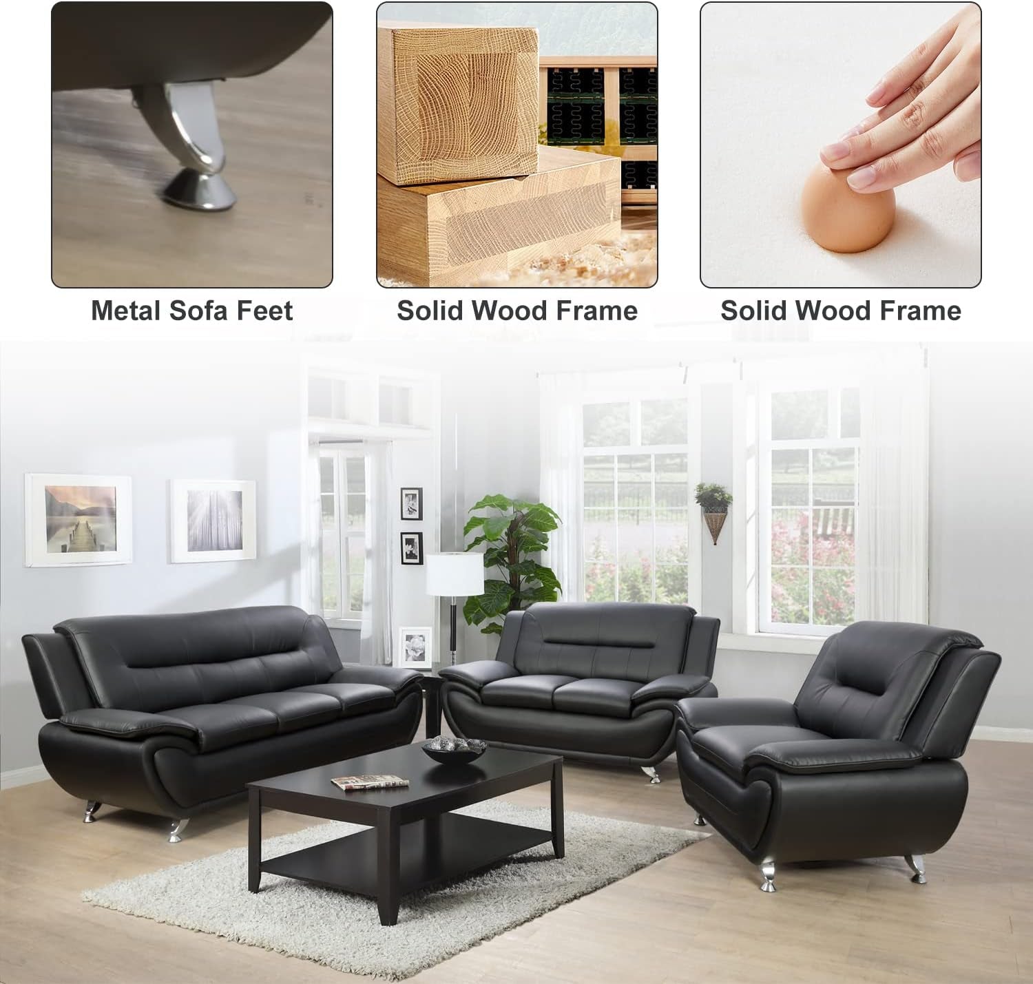 Modern Living Room Furniture Set,Leather Sofa Set for Living Room,Leather Couch Living Room Set for Office (Sofa and Loveseat Set,Black 2)-3