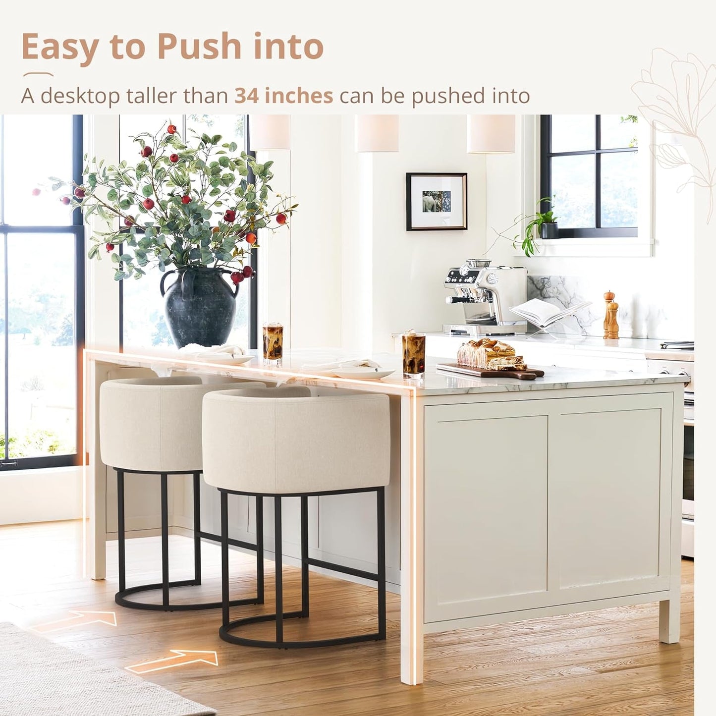 27" H Counter Height Bar Stools, Modern Barrel Counter Stools with Backrest and Arms, Black Metal Frames, Linen Fabric Upholstered Accent Barstools for Kitchen Island, Linen Color-3