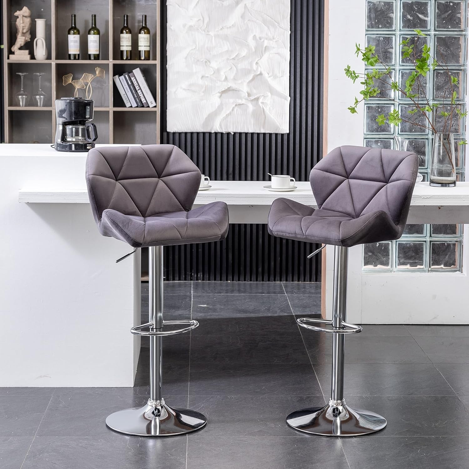 Breni Velvet Diamond Tufted Swivel Adjustable Height Barstools, Set of 2, Gray-0