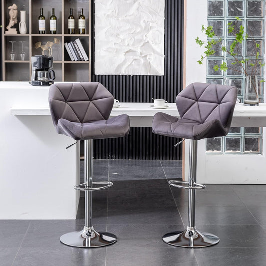 Breni Velvet Diamond Tufted Swivel Adjustable Height Barstools, Set of 2, Gray-0