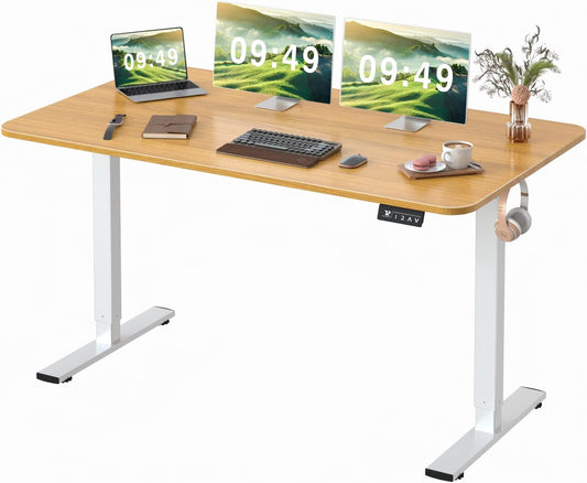 Electric Height Adjustable Standing Desk Large 55 X 24 Inches Sit Stand up Desk Home Office Computer Desk Memory Preset with T-Shaped Metal Bracket, Wood-0