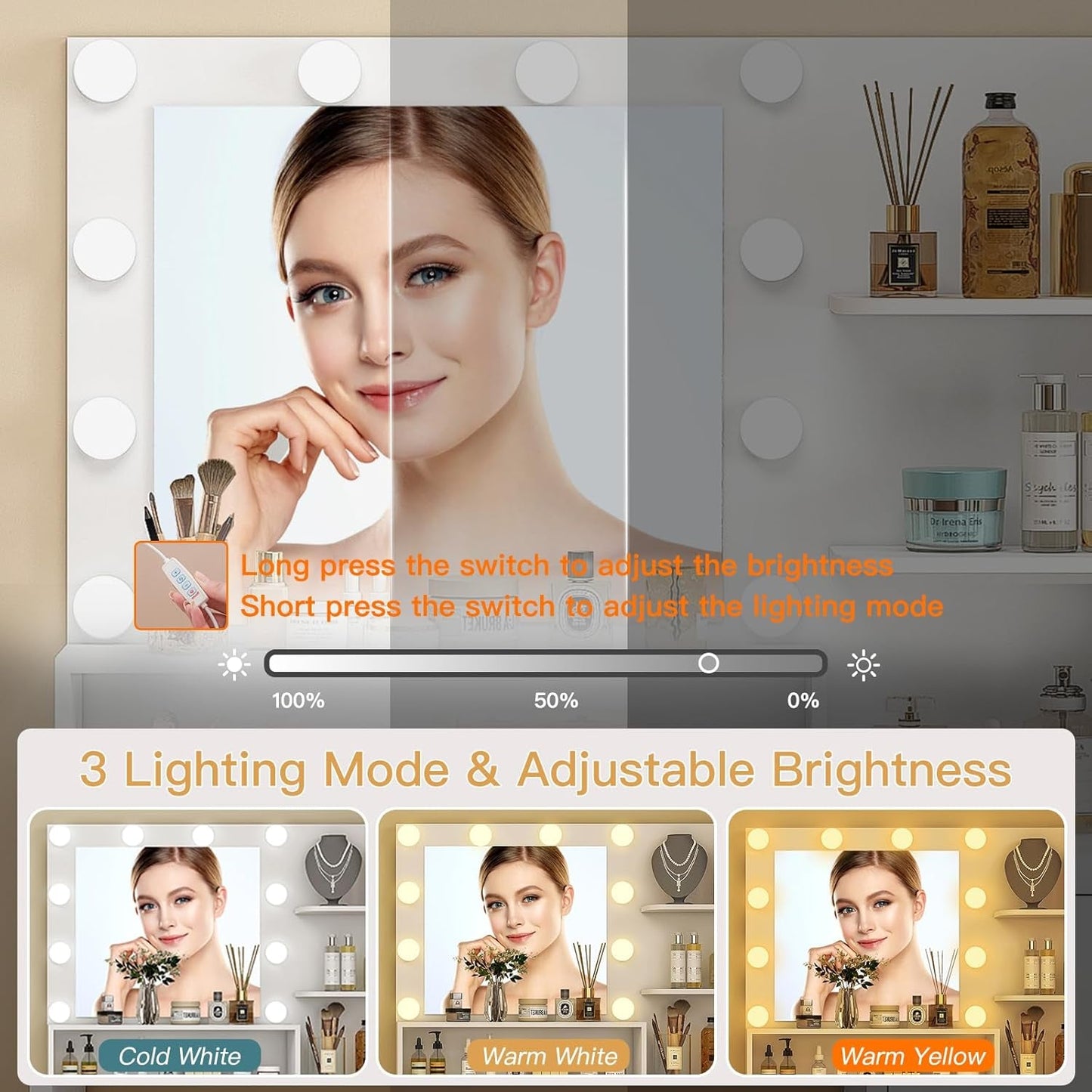 White Vanity Desk Mirror, Lights, Storage, Drawers, Shelves-3