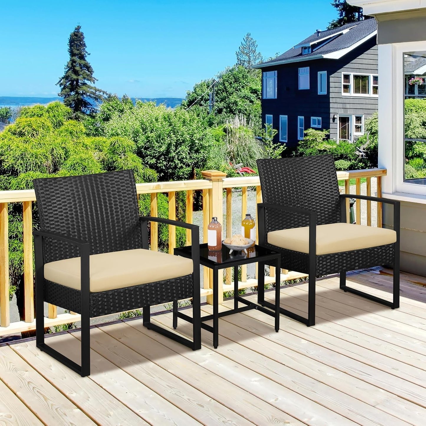 3 Pieces Rattan Bistro Set, Indoor/Outdoor Wicker Patio Modern Conversation Furniture, 2 Chairs & Tempered Glass Coffee Table for Garden, Balcony, Backyard, Poolside, Black/Khaki-1