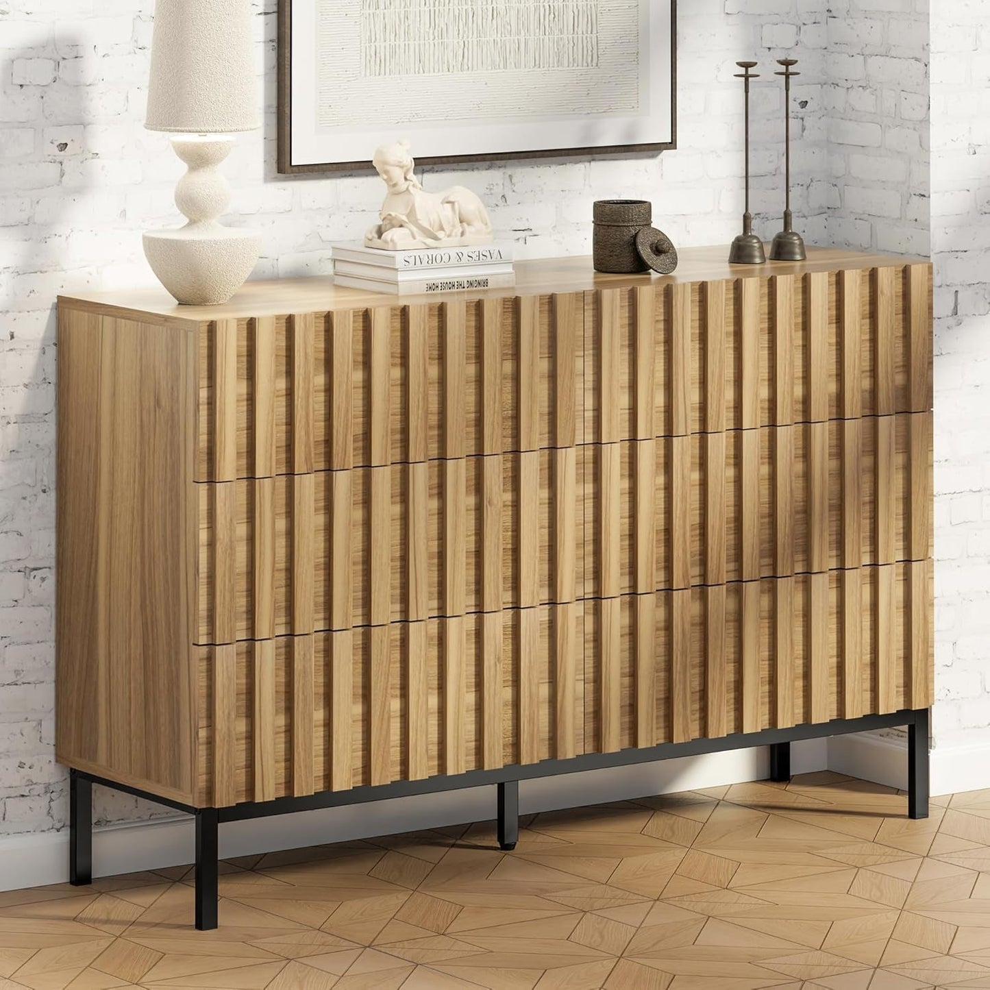 Fluted 6 Drawer Dresser with Metal Stand, Mid Century Modern Dresser,Wood Dresser for Bedroom,Accent Chest of Drawers for Bedroom,Living Room,Hallway-2