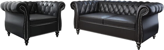 2 Piece Living Room Set, Chesterfield Leather Sofa Couch Chair with Scroll Arms and Nailhead for Living Room, Office (Black)-0