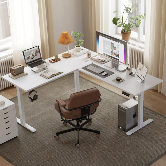 L Shaped Standing Desk Adjustable Height, Electric Corner Standing Desk, 63 X 55 Inch Sit Stand Computer Table with Splice Board, White-1