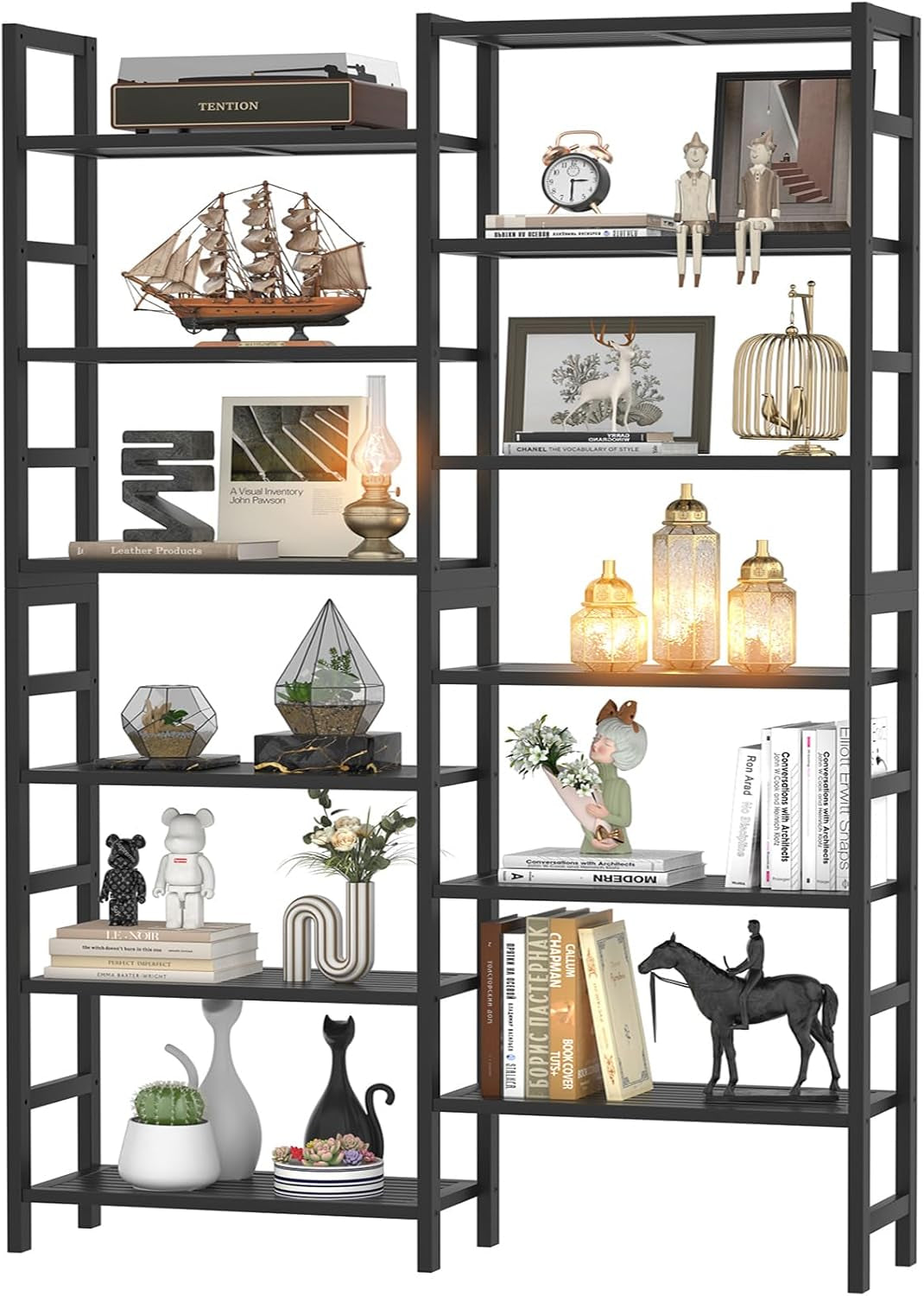 Double Wide Bamboo Bookshelf Black, 6-Tier Large Open Bookcase with 12 Display Shelves, 6Ft Tall Freestanding Book Shelf for Home Office, Bedroom, Living Room, Plants-0