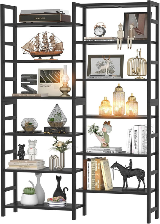 Double Wide Bamboo Bookshelf Black, 6-Tier Large Open Bookcase with 12 Display Shelves, 6Ft Tall Freestanding Book Shelf for Home Office, Bedroom, Living Room, Plants-0