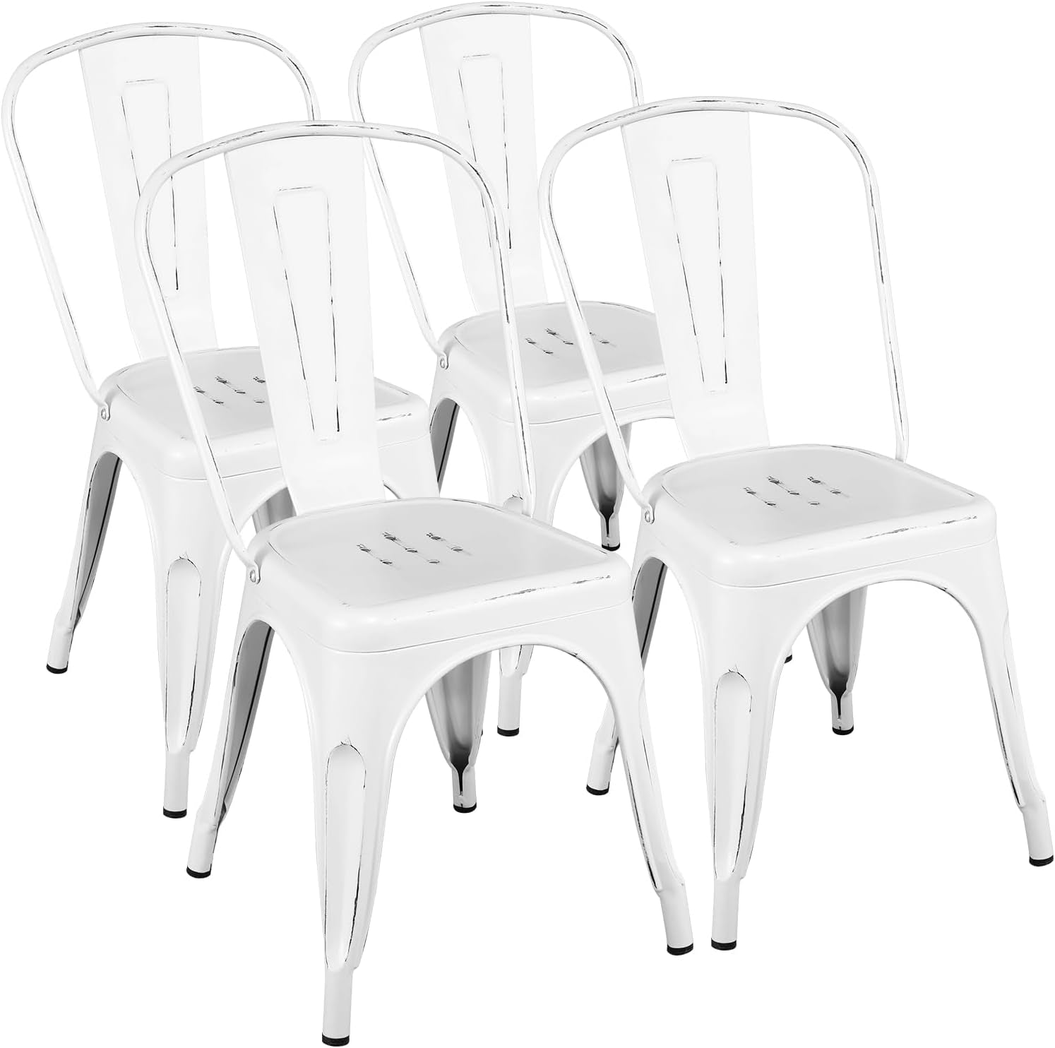 Metal Kitchen Dining Chairs Indoor-Outdoor Distressed Style Stackable Side Coffee Chairs in Distressed White, Set of 4-0
