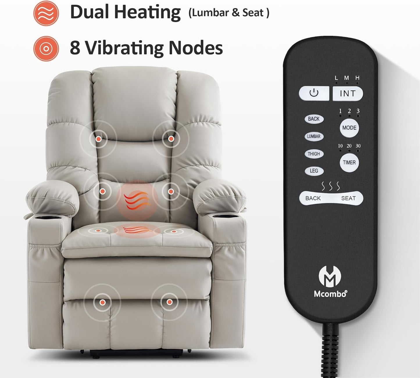 Dual Motor Power Lift Recliner Chair with Massage and Dual Heating, Adjustable Headrest for Big and Tall Elderly People, Faux Leather 7634 (Light Grey, Large-Regular)-4