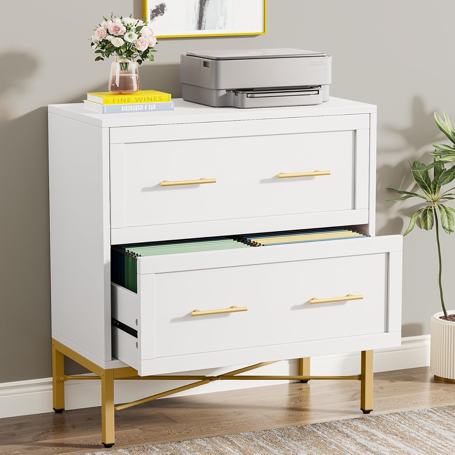 Modern White 2 Drawer File Cabinet, Lateral Filing Cabinet for Letter/Legal/A4 Size, Wood File Storage Cabinets Printer Stand with Storage for Home, Office, White and Gold-0