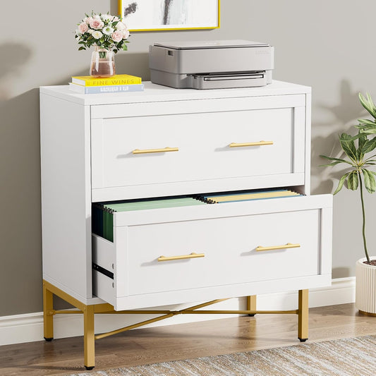 Modern White 2 Drawer File Cabinet, Lateral Filing Cabinet for Letter/Legal/A4 Size, Wood File Storage Cabinets Printer Stand with Storage for Home, Office, White and Gold-0