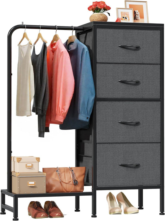 Dresser with Hanging Rack, 4 Drawers Small Dresser for Bedroom, Reversable Fabric Kids Dresser for Closet with Clothes Rack, Tall Chest of Drawers, Sturdy Frame, Grey, 44''H-0