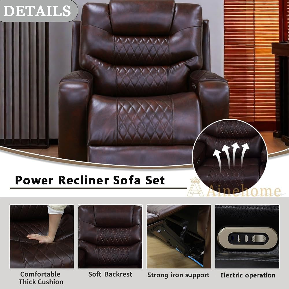 LED Power Recliner Sofa for Living Room Furniture Set, Leather Sectional Sofa Set, Recliner Chair Set Reclining Sofa and Loveseat with USB Port/Storage Console/Cup Holders(Dark Brown Chair)-4