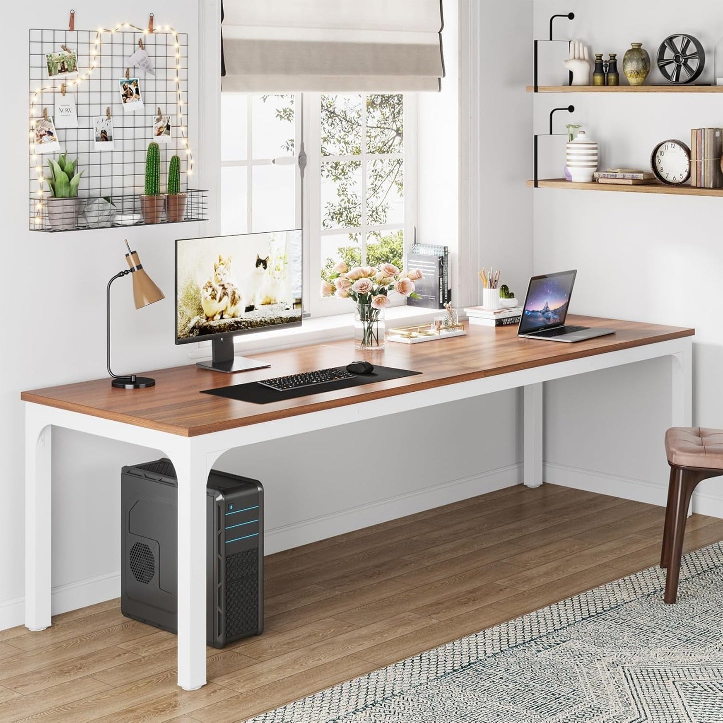 78.7 Inches Extra Long Computer Desk 2 Person Desk, Double Long Desk, Workstaion for Home Office (Walnut+White)-2