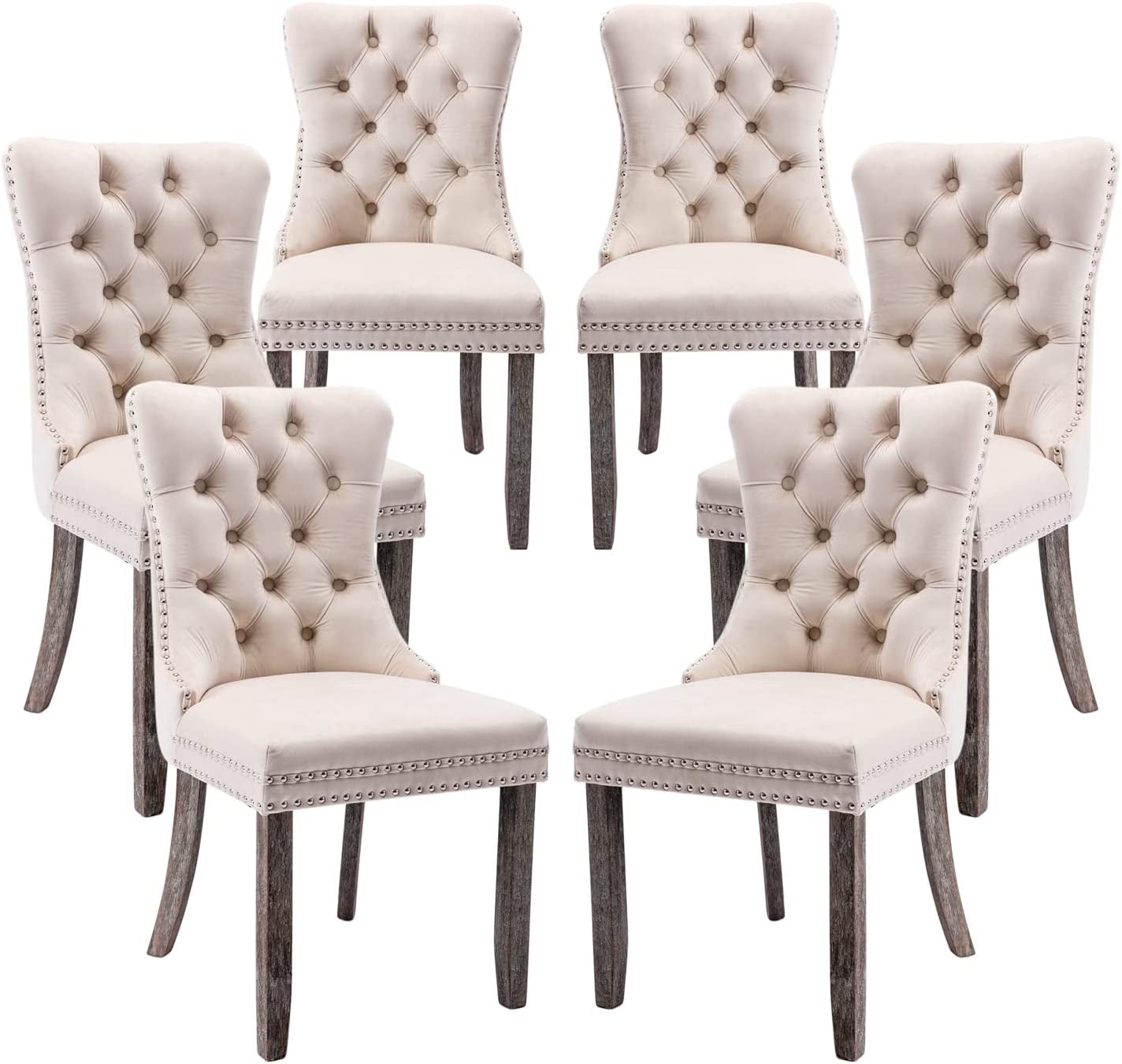 Beige Tufted Velvet Dining Chairs Set of 6-0
