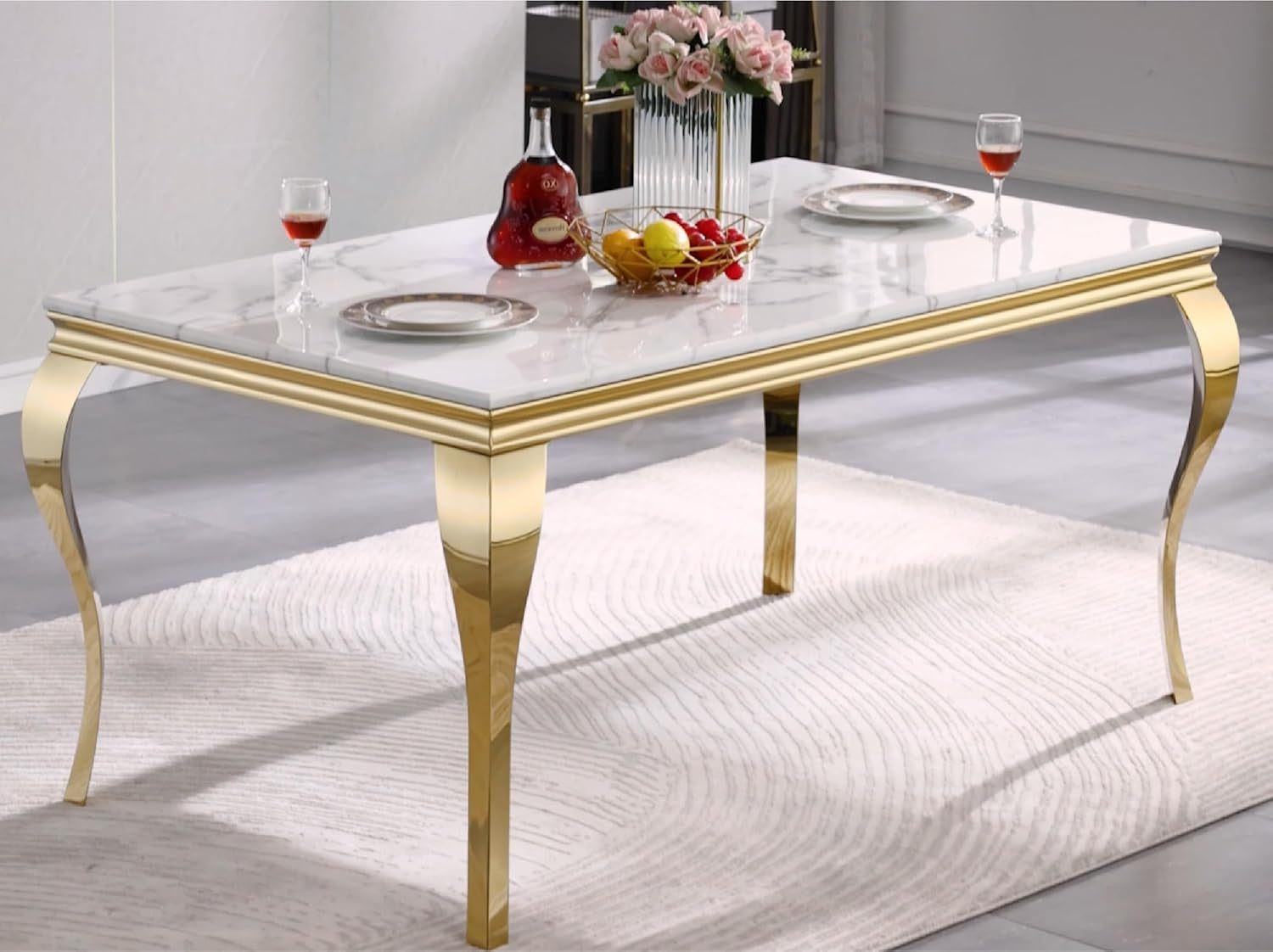 Dining Table, 63 Inch White and Gold Rectangle Dining Room Table with Gorgeous Polished Cabriole Legs-0