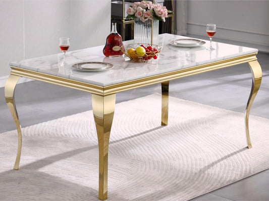 Dining Table, 63 Inch White and Gold Rectangle Dining Room Table with Gorgeous Polished Cabriole Legs-0