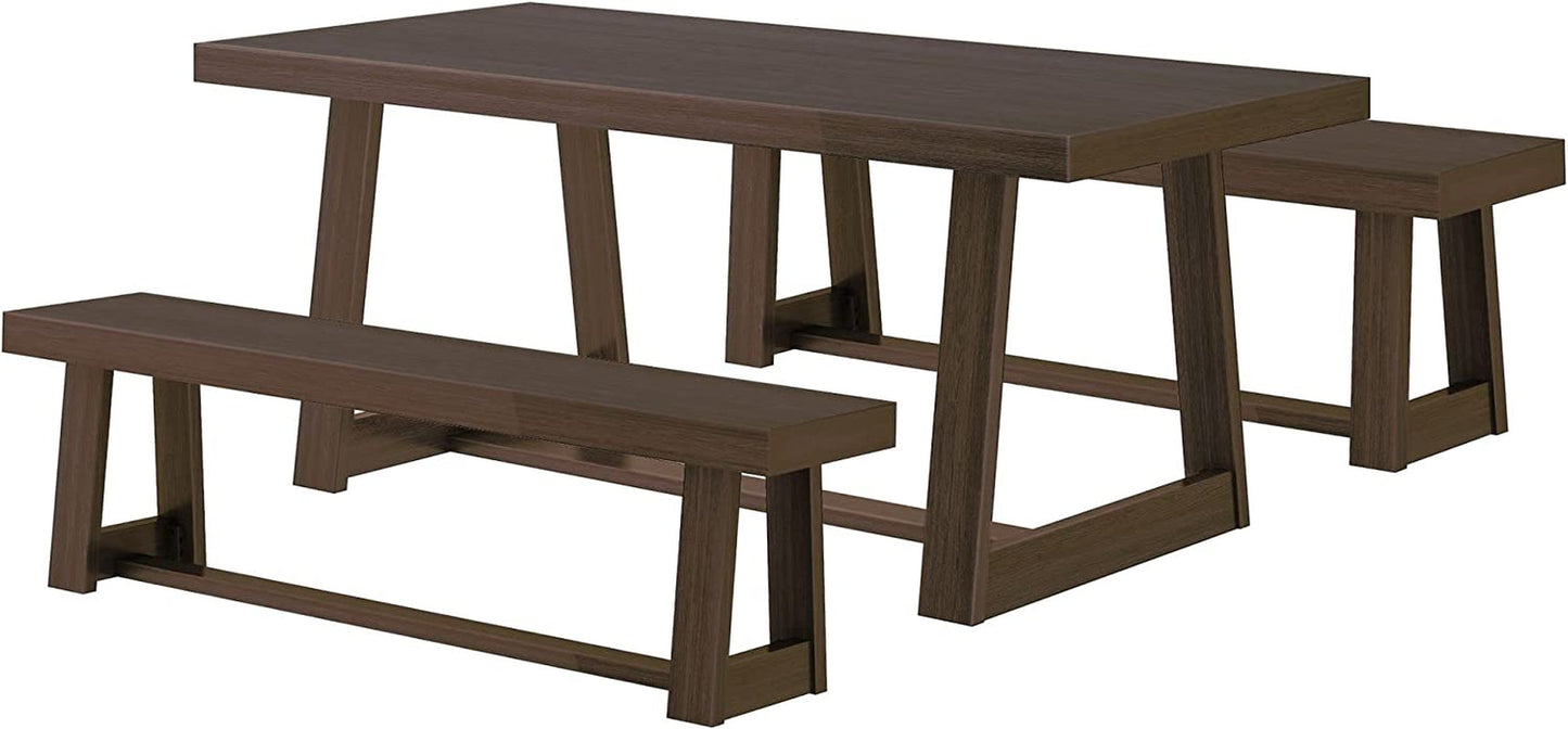 Farmhouse Solid Wood Dining Table Set with 2 Benches, Walnut-2