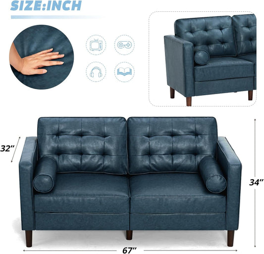 2 Pieces Faux Leather Couch Set, Upholstered 3 Seat & Loveseat Sofa with Bolster Pillows, Mid Century Modern Couch Set with Wooden Legs for Living Room, Bedroom, Office. Blue-1