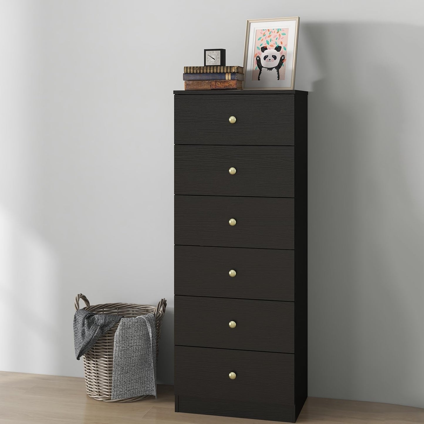 Modern 6 Drawer Vertical Dresser, Wood Tall Chest of Drawers N Arrow Storage Organizer with Wide Drawers & Metal Gold Handles for Bedroom, Living Room, Office, Hallway, Entryway (Black)-3